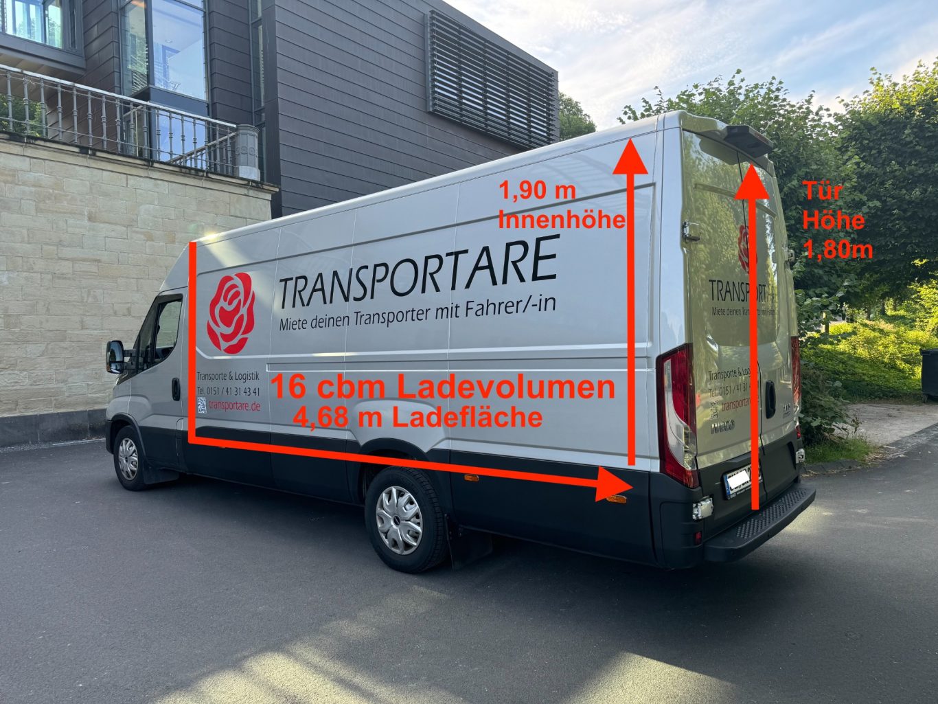 Die Maße von unserem Fahrzeug TRANSPORTARE Transporter Miete einen Transporter mit Fahrer Fahrerin Siegburg Bonn Köln Rhein Sieg